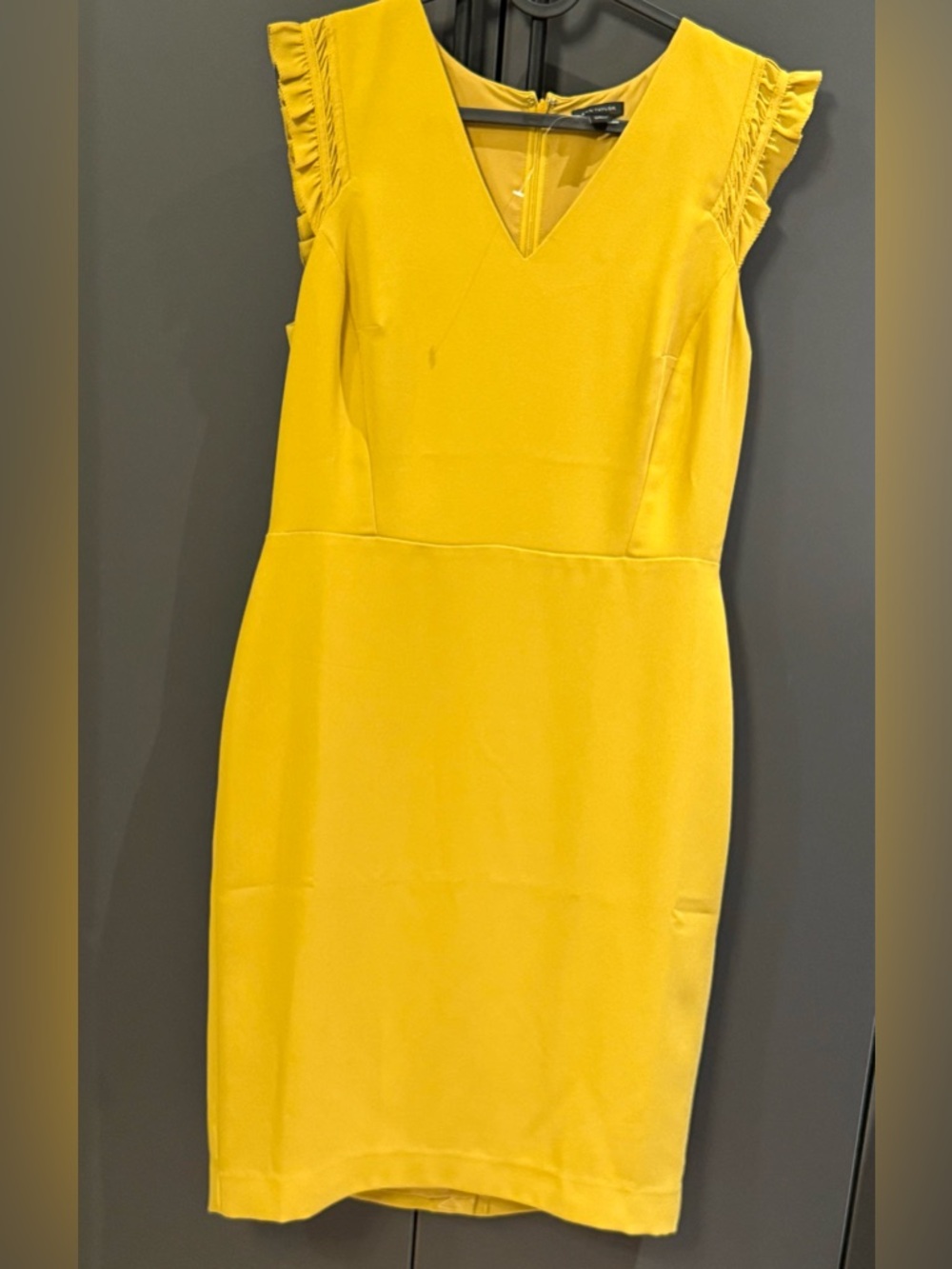 Ann Taylor Mustard Yellow V-Neck Midi Dress with Ruffled Cap Sleeves